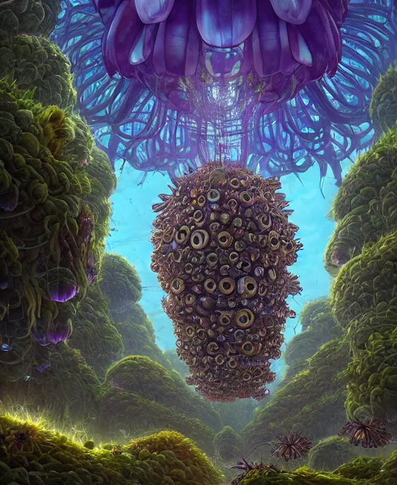 Prompt: a giant weird industrial plant hive made out of isopod wasp octopus, in the style of a strange exotic spaceship, overgrown with disturbing orchids, godbeams, partly cloudy, somber, dramatic lighting, by dan mumford, yusuke murata, makoto shinkai, ross tran, cinematic, unreal engine, cel shaded, featured on artstation, pixiv