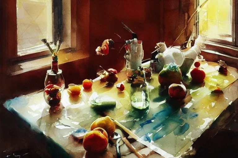 Image similar to paint brush strokes, abstract watercolor painting of colorful fruits, table cloth, art by hans dahl, by jesper ejsing, art by anders zorn, wonderful masterpiece by greg rutkowski, cinematic light, american romanticism by greg manchess, creation by tyler edlin