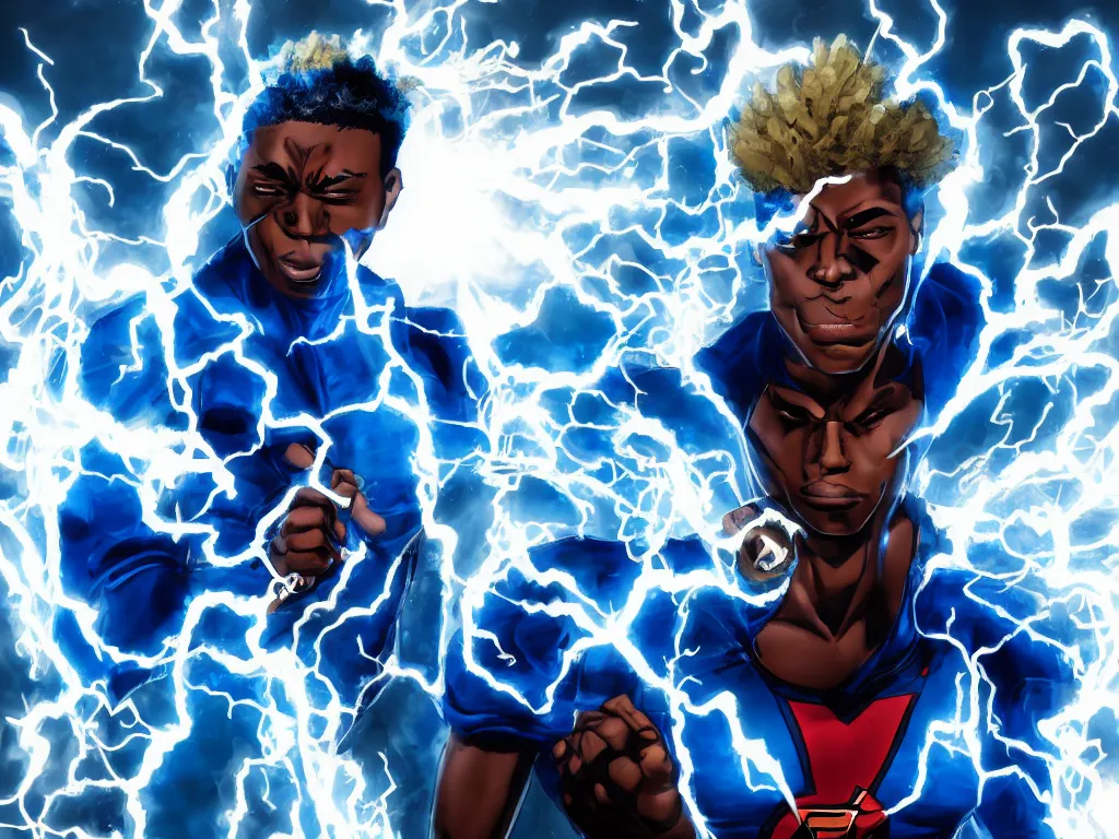 Image similar to African American Johnny Storm young male superhero of the fantastic four with flaming brown dreadlocks hair, blue uniform with the number 4 on the chest in a round logo, cinematic, high detail, no imperfections, extreme realism, high detail, extremely symmetric facial features, hyper realistic, dramatic lighting, unreal engine, by Stephen Spielberg