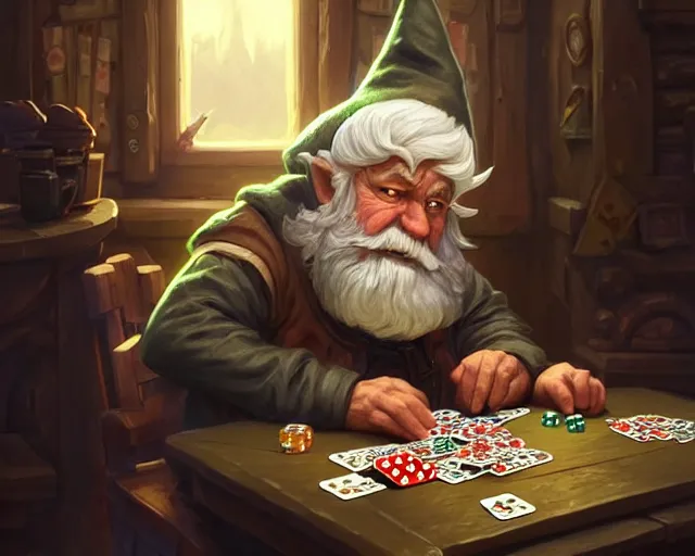 Image similar to little old gnome, playing poker, deep focus, d & d, fantasy, intricate, elegant, highly detailed, digital painting, artstation, concept art, matte, sharp focus, illustration, hearthstone, art by artgerm and greg rutkowski and alphonse mucha