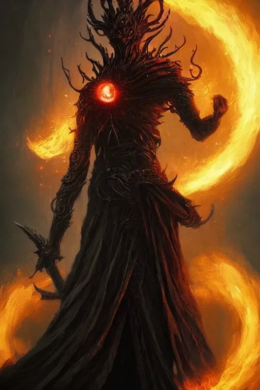 Image similar to Black Orb of Fire, digital art, fantasy, magic, trending on artstation, illustration by Seb McKinnon and Peter Mohrbacher, ultra detailed, atmospheric, powerful presence, bossfight, darksouls, grand finale, explosive entrance, final battle, cutscene, cinematic lighting, beautiful goddess