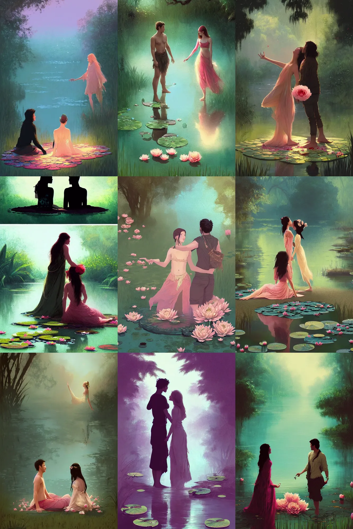 Prompt: a cinematic boy girl traditional romance moment of two friends down by the lily pad pond wearing boho clothing and peonies, silhouette, Minimal Movie Posters, fantasy magic, art masterpiece by Greg Rutkowski, Gaston Bussiere, craig mullins, #wip #illustration #illustradraw #illustrator #vector #colors #colorschemes