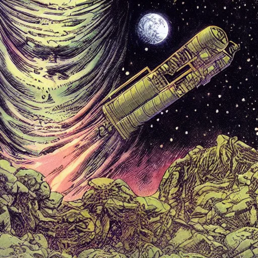 Image similar to Liminal space in outer space by Bernie Wrightson, colorized