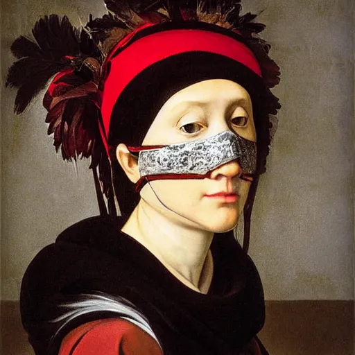 Prompt: woman wearing a supercell mask painted by Caravaggio