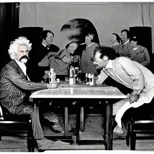 Image similar to Historical technicolor photograph, 350mm, arm wrestling match between Mark Twain and Albert Einstein