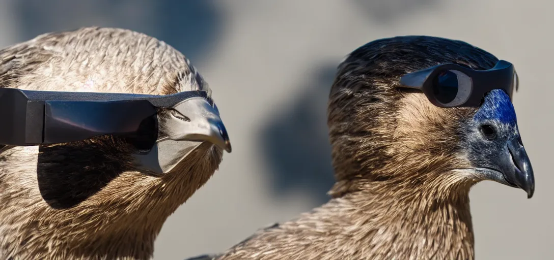 Prompt: close up wide fov shot of a suspicious goose wearing shades. 8 k photography, depth of field, canon dslr