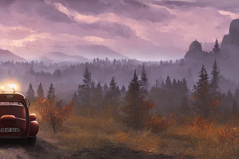 Image similar to offroad citroen 2 cv ( 1 9 6 5 ) driving across the rift, riften city in the background, epic fantasy, autumn, the elder scrolls v : skyrim, dramatic lighting, establishing shot, by simon stalenhag