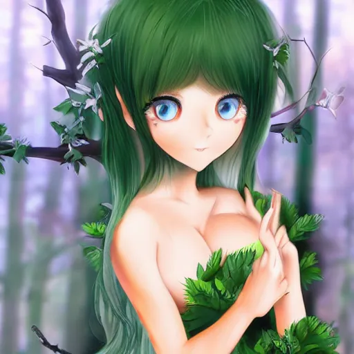 Image similar to a stunning forest dryad neko girl with feminine figure and beautiful eyes