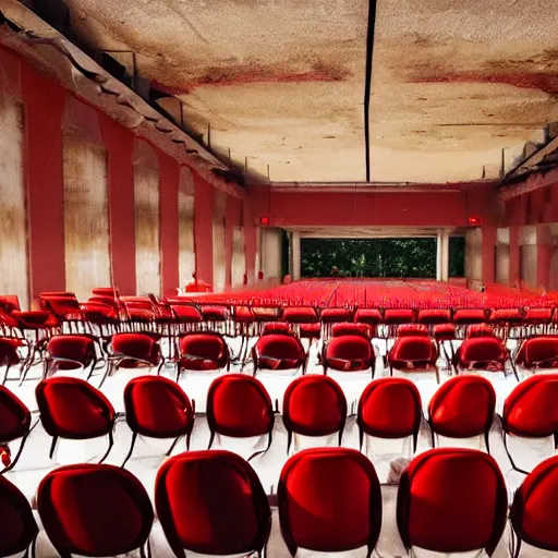 Image similar to a opera scenography of a mountain of old chairs over a pool of red water.