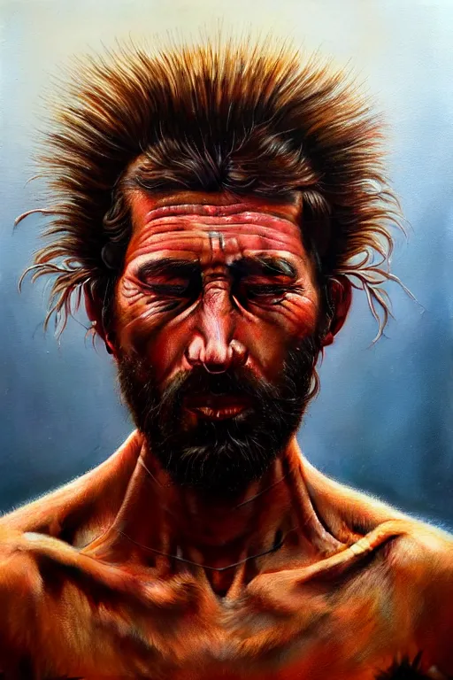 Image similar to hyperrealistic close - up portrait of psychedelic - shaman highly detailed concept art eric zener elson peter cinematic hard lighting high angle hd 8 k sharp shallow depth of field, inspired by denis villeneuve and zdzisław beksinski