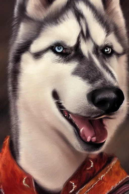 Image similar to a portrait painting of a husky in cowboy costume, western film, humanoid, personify, anthropomorphic, trending on artstation