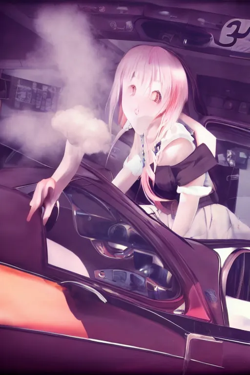 Prompt: art by 3d D. Jun, by 3d Mo Xiang Tong Xiu, Infrared Unreal Engine 3d dark render, beauty anime schoolgirls in Japanese maid's clothes and smoking inside a JDM car at night in a parking lot, anime vintage colors, polaroid, foggy, smoke, steam, parov, daz 3d, octane render, trending on artstation, volumetric light, cinematic render, ultra realistic, oil painting