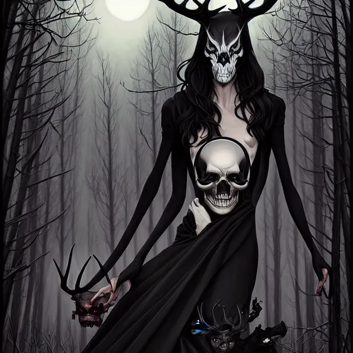 Image similar to style artgerm, joshua middleton, diego fazio, gerald brom : : scary wendigo with antlers and skull face mixed with werewolf : : [ beautiful witch wearing a black dress, symmetrical face, on the right side ] : : in the forest, detailed, dark and foggy, cinematic lighting