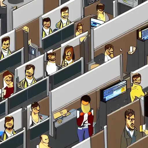 Image similar to fifty monkeys are staring a individual computer screens in a crowded cubicle - style office, the computer screens have bitcoin logos, in the style of the videogame disco elysium, harsh contrast lighting