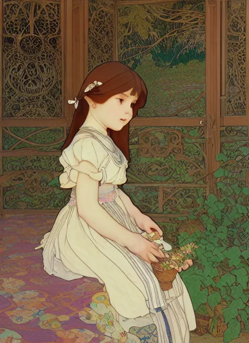 Image similar to young girl with long hair, wearing a dress, playing with her doll on the wooden floor in an old wooden house, path traced, highly detailed, high quality, digital painting, by studio ghibli and alphonse mucha, leesha hannigan, hidari, art nouveau, chiho aoshima, jules bastien - lepage