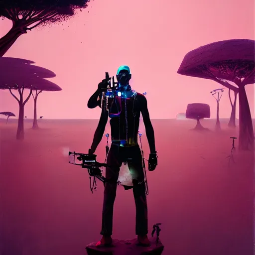 Image similar to a zulu cyberpunk hunter with a drone near a pink lake witha a baobab tree by greg rutkowski and android jones in a surreal portrait style, oil on canvas, 8k resolution.