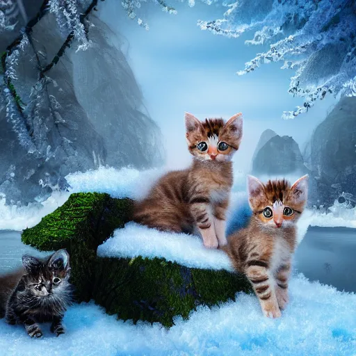 Image similar to Kittens realistic 4k HD fantasy world water trees mountains ice snow weather fog high detail