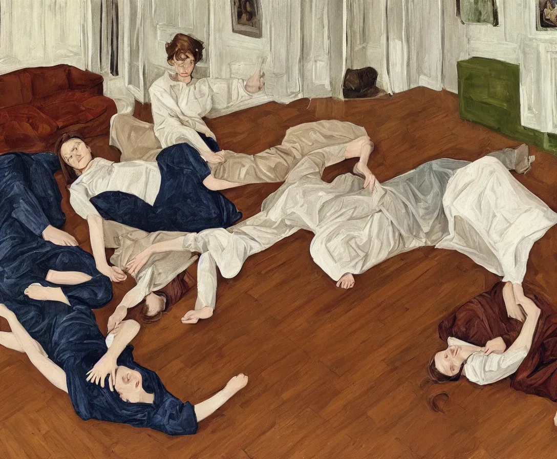 Image similar to portrait of two women lying horizontal, in an empty old english apartment with wooden floor on a brown leather sofa. one is wearing a dark blue sweather, the other a white shirt. brown hair, they are looking into the camera. wide shot. in the style of lucien freud. oil painting. green mood. isometric perspective