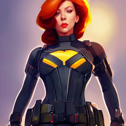 Image similar to greg manchess portrait painting of black widow as overwatch character, medium shot, asymmetrical, profile picture, organic painting, sunny day, matte painting, bold shapes, hard edges, street art, trending on artstation, by huang guangjian and gil elvgren and sachin teng