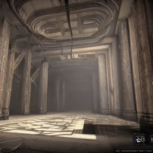 Image similar to interior mazelike architecture from quake, lovecraftian, liminal space, moody lighting, unreal engine 5, hyper detailed, hyper realistic