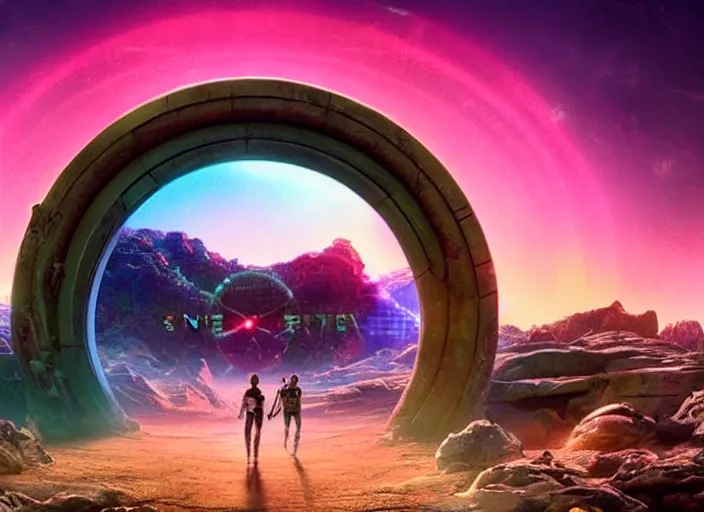 Prompt: synthwave stargate made of stone that form a circle, portal to another planet, cinematic view, epic sky, highly detailed vaporwave