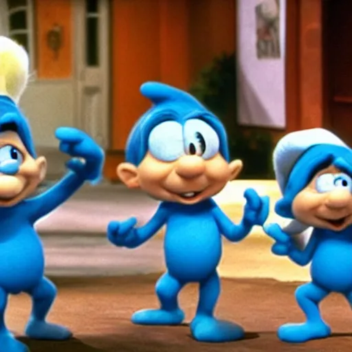 Prompt: Still of the Smurfs as a guest stars in Friends