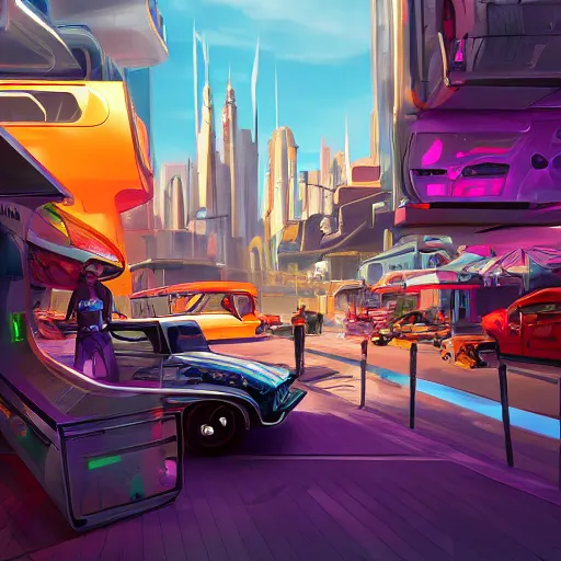 Image similar to swagger! lowrider culture, futuristic living large in the city by tyler edlin, bold colors, detailed, incredible lighting, great composition, artstation