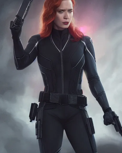 Image similar to 5 5 mm portrait photo of emily blunt as black widow. magical atmosphere. art by artgerm and greg rutkowski. highly detailed 8 k. intricate. lifelike. soft light. nikon d 8 5 0.