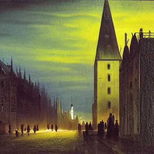 Image similar to city, church, night, dramatic light, oil painting, by caspar david friedrich