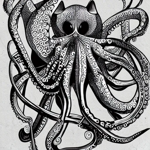 Image similar to a cross between a cat and an octopus, realistic, detailed, black and white illustration