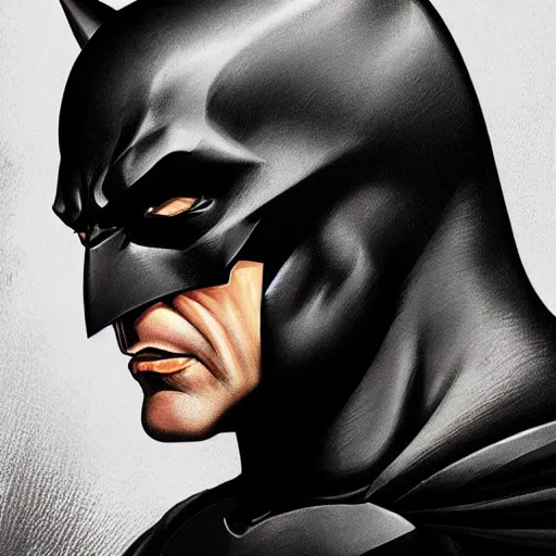 Image similar to an ultra - realistic head and shoulders portrait painting of batman with his cowl on in the style of frank frazetta. 4 k. ultra - realistic. highly detailed. dark fantasy. epic lighting.