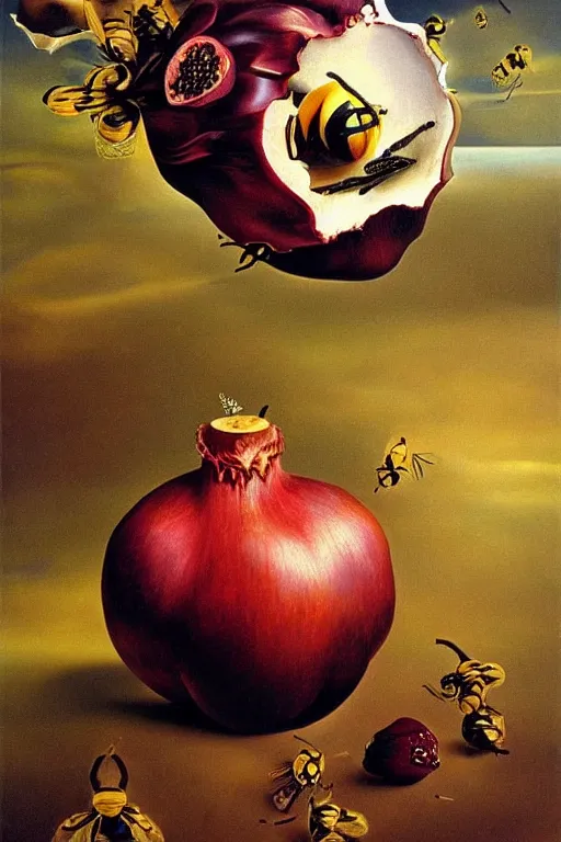 Image similar to a dream within a dream within a dream caused by the flight of a bee around a pomegranate a second before waking by salvador dali, hyperrealistic oil painting, trending on artstation, hyperdetailed, masterpiece