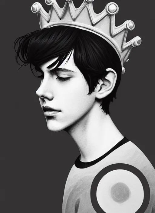 Image similar to portrait of teenage jughead jones wearing a light grey crown, photorealistic, crown, eyes closed, crown, black hair, intricate, elegant, glowing lights, highly detailed, digital painting, artstation, concept art, smooth, sharp focus, illustration, art by wlop, mars ravelo and greg rutkowski