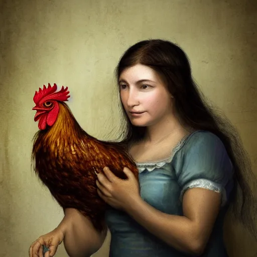 Image similar to A realistic image of a very sad woman holding a rooster in her hands, ultra high detail, 8k.