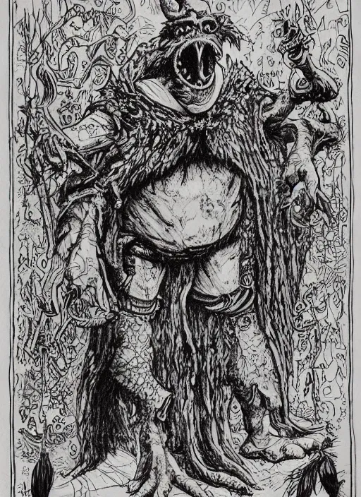 Prompt: a muppet as a D&D monster, full body, pen-and-ink illustration, etching, by Russ Nicholson, DAvid A Trampier, larry elmore, 1981, HQ scan, intricate details, Monster Manula, Fiend Folio