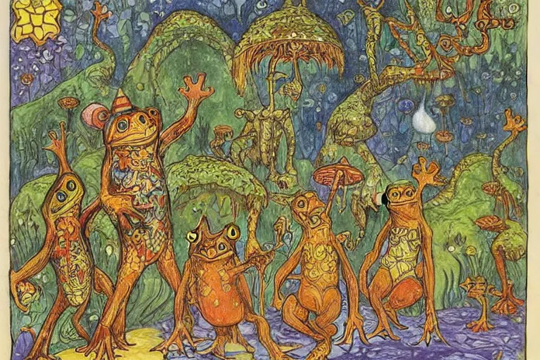 Prompt: a fantasy illustration, Castle of the frog king on Endor by Louis Wain (1920)