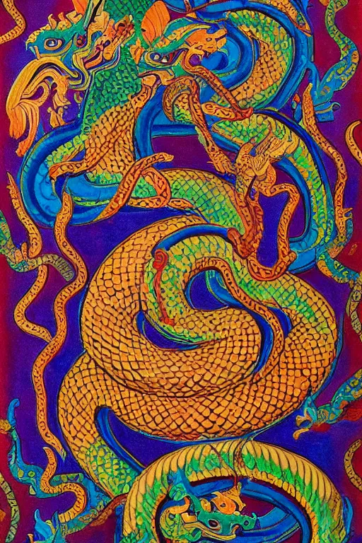 Image similar to naga art, mythical serpent southeast asian legends, thai traditional painting, royal thai art, guardian at the temple, garuda eagle, thai folklore, buddhist painting, thai dragon paintings