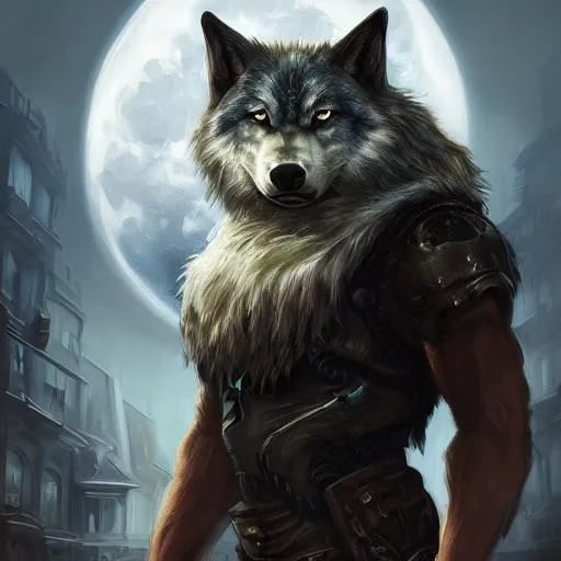 Image similar to beautiful portrait painting of a dark fantasy, urban fantasy wolf standing in front of a full moon, cgsociety, trending on artstation