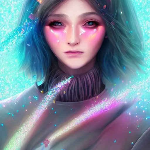 Image similar to digital 2 d, fantasy, illustration, fan art, digital art, digital painting, semi realism, semi realistic, portrait, glitter, crystal, glitters, ranni, fromsoftware, eldenring, fanart, iridescent, holographic, artstation