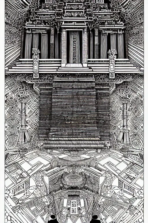 Image similar to a black and white drawing of an ancient temple, a detailed mixed media collage by hiroki tsukuda and eduardo paolozzi and moebius, intricate linework, sketchbook psychedelic doodle comic drawing, geometric, street art, polycount, deconstructivism, matte drawing, academic art, constructivism