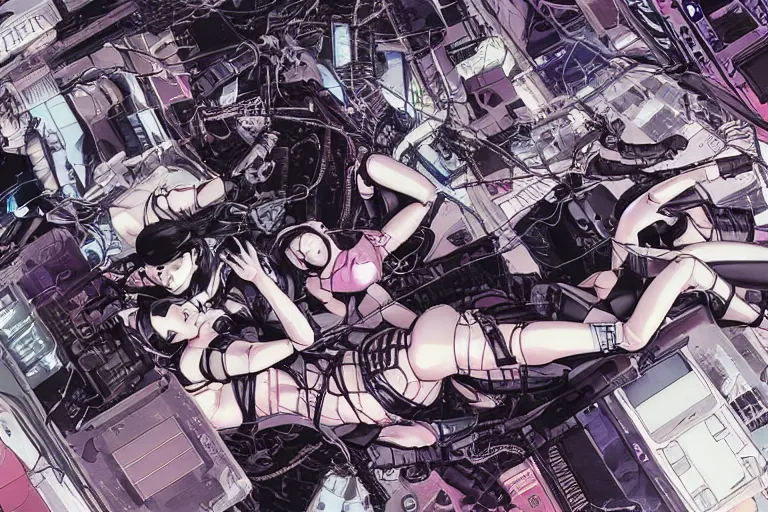 Image similar to a cyberpunk illustration of a group of coherent female androids in style of masamune shirow, lying on an empty, white floor with their bodies broken scattered rotated in different poses and cables and wires coming out, by yukito kishiro and katsuhiro otomo, hyper-detailed, intricate