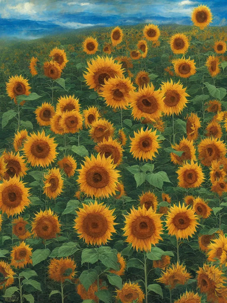 Image similar to featureless colorful sunflowers, rippling, minimalist environment, by esao andrews and maria sibylla merian eugene delacroix, gustave dore, thomas moran, pop art, art by charles burns