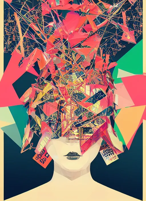 Prompt: portrait of a lowpoly punk goth fashion fractal girl with a musicassette head wearing kimono made of transistors, poster art by kurt schwitters james jean liam brazier victo ngai tristan eaton