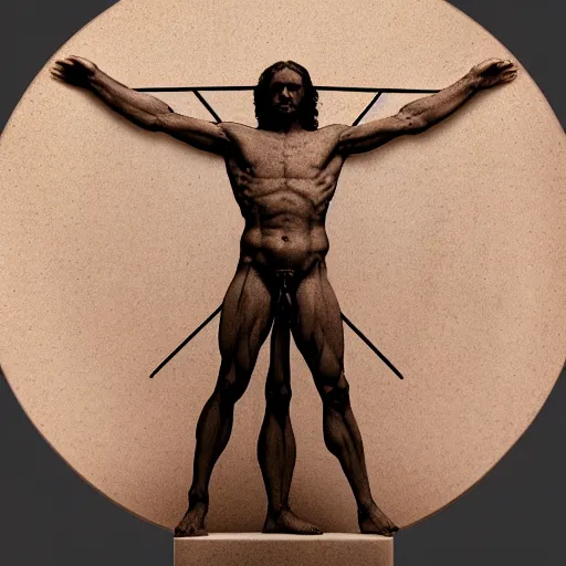 Prompt: Da Vinci's Vitruvian Man as a marble sculpture by Michelangelo, 4k, hyperrealistic, octane render, studio lighting