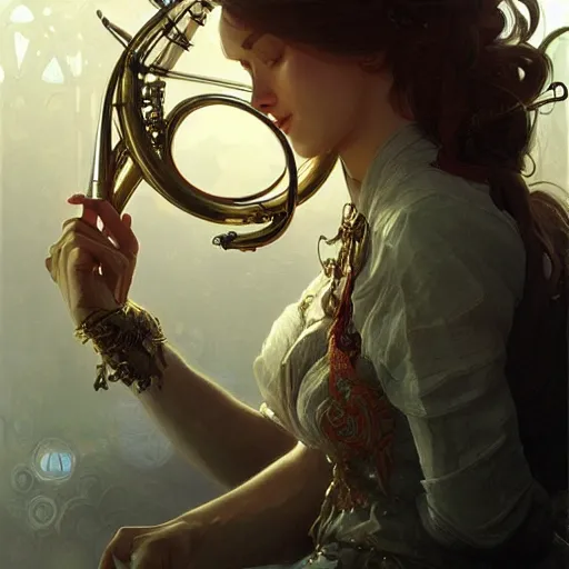 Image similar to a strange blowing horn, d & d, fantasy, intricate, elegant, highly detailed, digital painting, artstation, concept art, smooth, sharp focus, illustration, art by artgerm and greg rutkowski and alphonse mucha