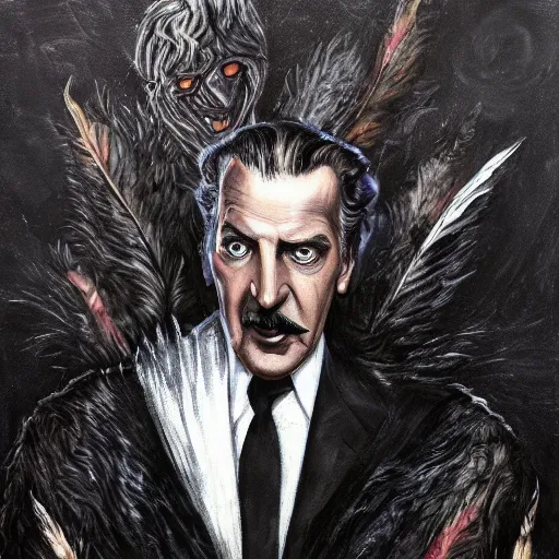 Prompt: vincent price as billionaire howard hughes in long black feathered cloak, black hands tipped with black claws, feathers growing out of skin, being abusive and angry, vivid, mike mignogna, illustration, dynamic and dramatic, highly detailed, rough paper, dark, oil painting