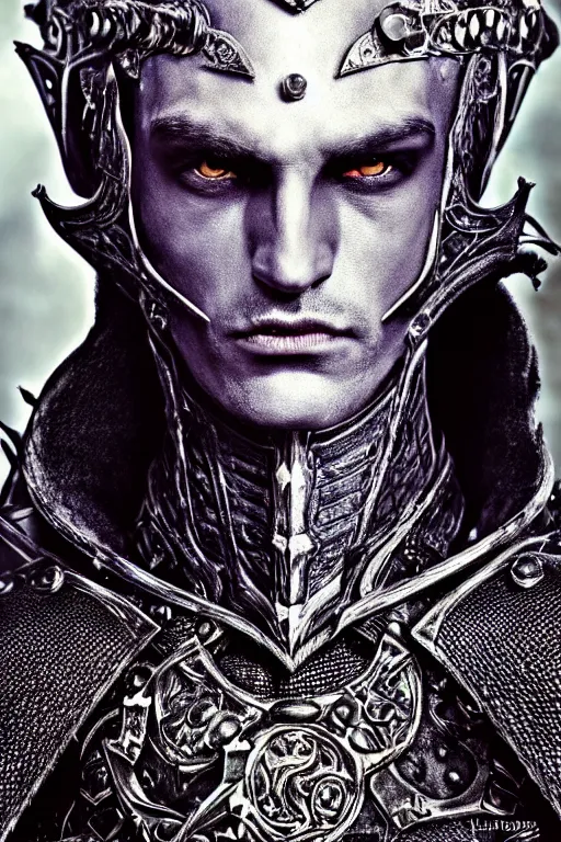 Image similar to head and shoulders portrait of an eldritch knight, drow, dark elf, shadar kai, male, breastplate, magical, high fantasy, d & d, by annie liebovitz, face details, extremely detailed, vogue fashion photo