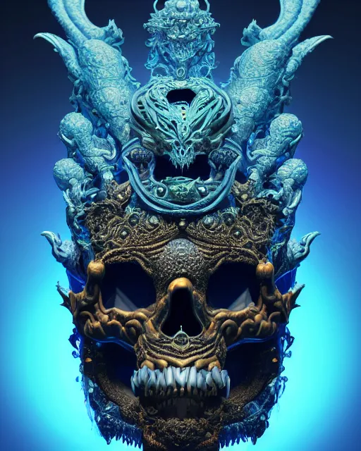 Image similar to 3 d ornate carved dark cosmic king with profile portrait, sigma 5 0 0 mm f / 5. beautiful intricate highly detailed quetzalcoatl skull. bioluminescent, plasma, lava, ice, water, wind, creature, thunderstorm! artwork by tooth wu and wlop and beeple and greg rutkowski, 8 k trending on artstation