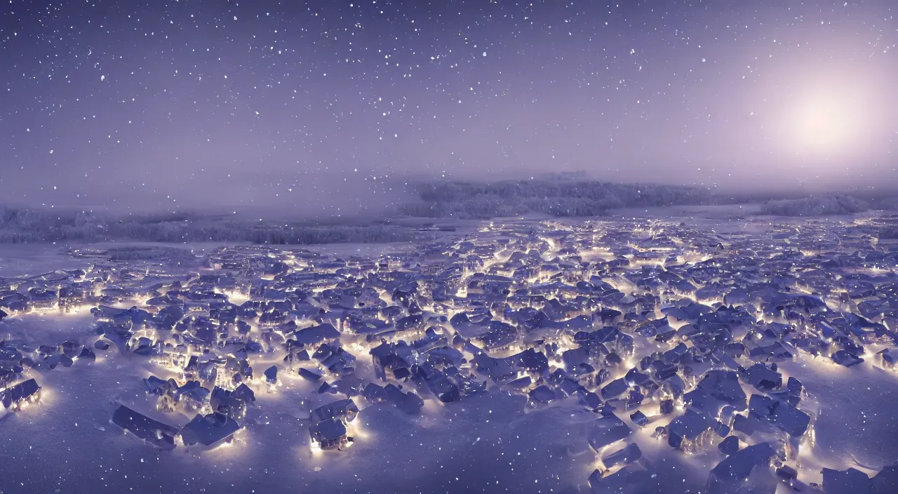 Prompt: A beautiful snow covered Viking city on the edge of a frozen lake, illuminated by moonlight in the evening. 4k