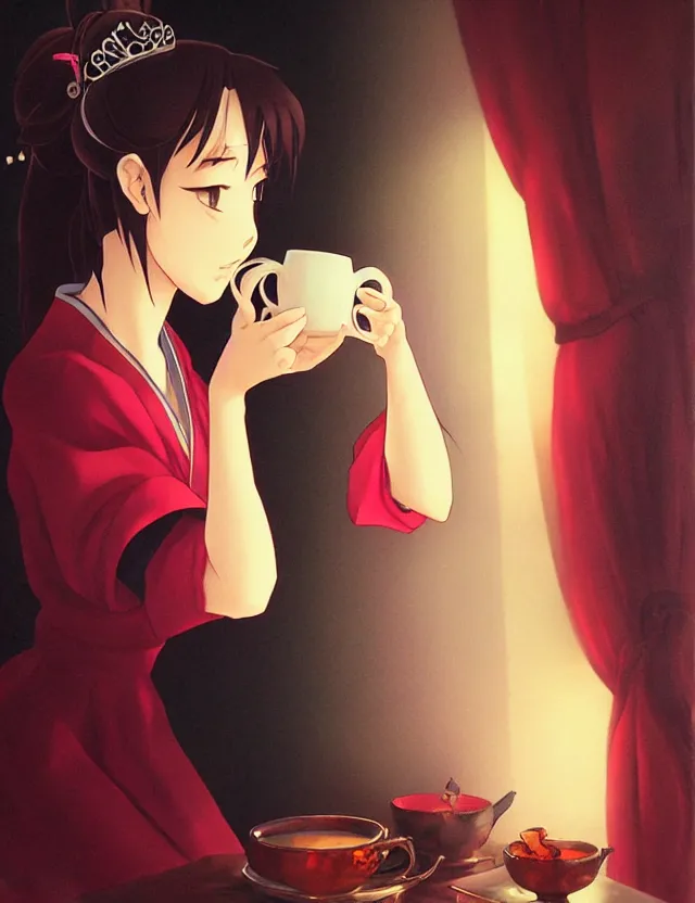 Prompt: unattractive princess drinking tea. oil painting by award - winning mangaka. backlighting, chiaroscuro, depth of field, luminescent colors.